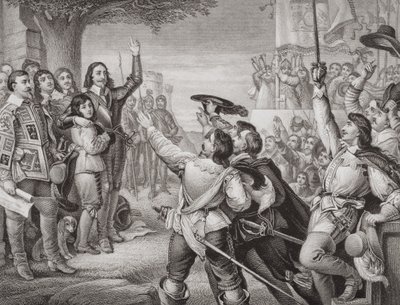 Karel I (1600-49) richt zijn standaard op in Nottingham in de openingsscène van de Grote Burgeroorlog op 25 augustus 1642, uit 